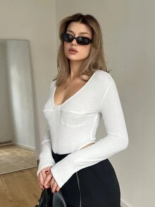 SHEIN Essnce 素色條紋針織連身背心 - 白色 - 查看 4