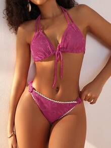 SHEIN Swim Women's Halter Lace Trim Bikini Set Summer Beach - Hot Pink - View 3