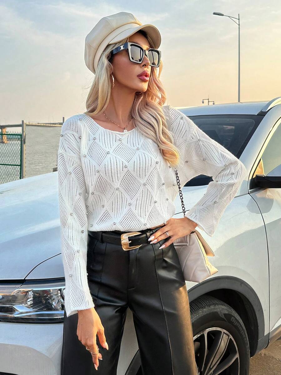 Beaded Detail Drop Shoulder Pointelle Knit Pullover Fall Winter Sweater - White - View 1