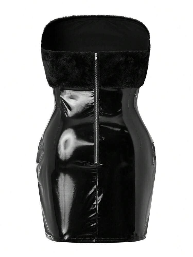 Plus Fuzzy Trim PU Tube Bodycon Dress