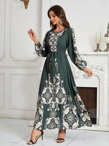 圆领长袖收腰花卉印花连衣裙 - 綠色 - 查看 7