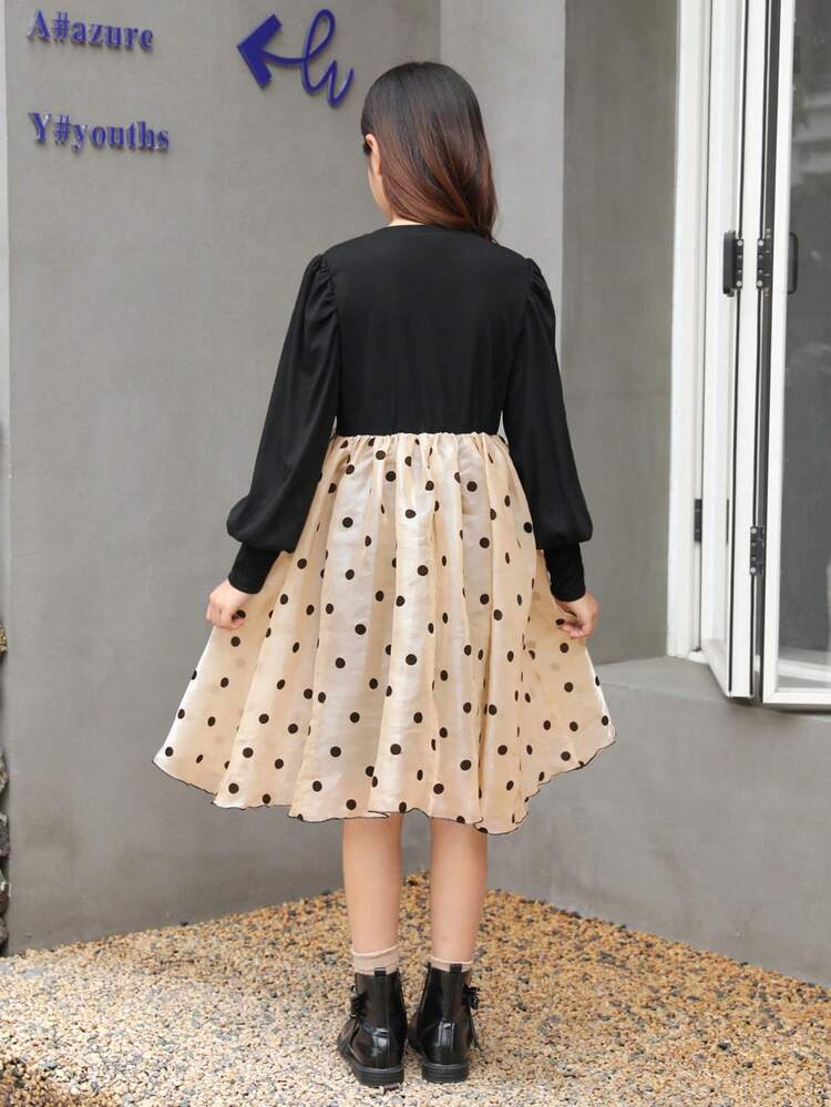 Girls' School-Style Polka Dot Dress With Color-Block & Bowknot Detail