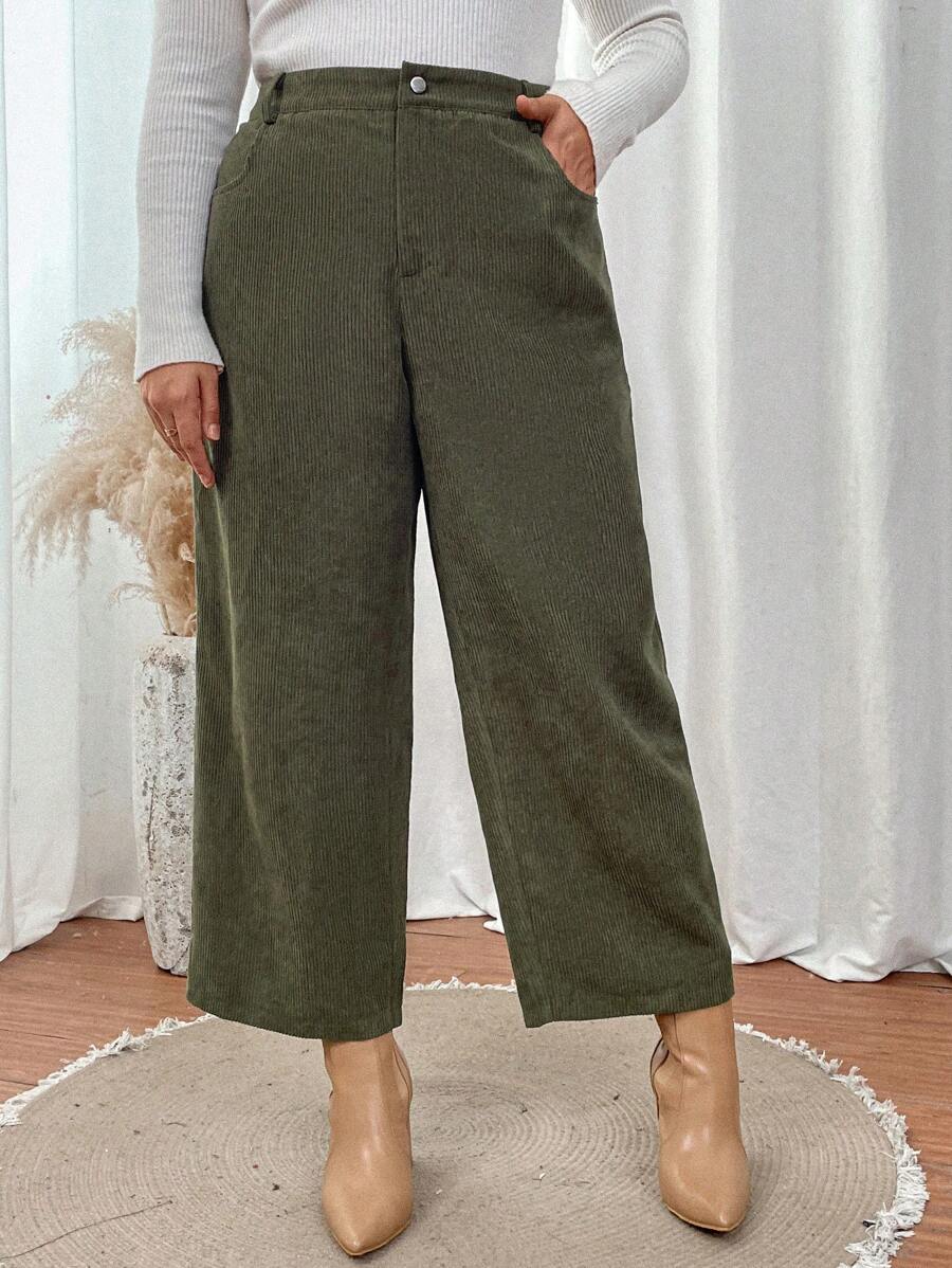 SHEIN LUNE Plus Size Wide Leg Cropped Pants - Army Green - View 1