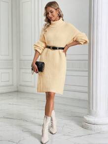 SHEIN Clasi Turtleneck Drop Shoulder Sweater Dress Without Belt - Apricot - View 5