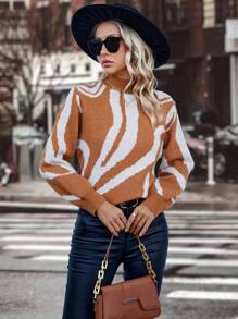 SHEIN Clasi 圖形圖案小高領燈籠袖套頭毛衣 - 棕色 - 查看 3