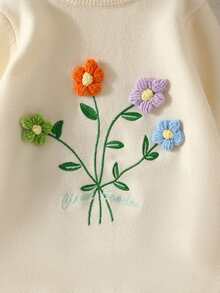 SHEIN Cô Gái Trẻ Đồ trang trí hoa & Thêu Chữ Cổ giả Áo len - Màu be - Xem 3