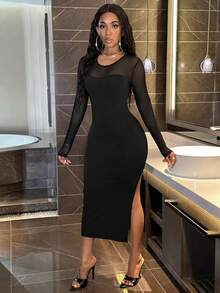 SHEIN Slayr Vestido ajustado de malla en contraste de muslo con abertura - Negro - Ver 6