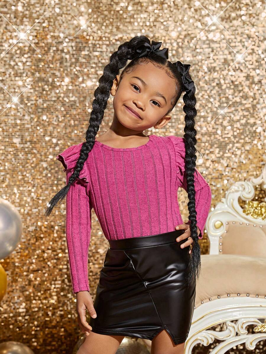 SHEIN 女童時尚優雅針織荷葉邊上衣與pu皮裙組合 - 彩色 - 查看 1