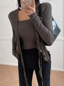 DAZY Top de tirantes sólido y chaqueta con volantes y lazo delantero, conjunto de dos piezas para mujer, conjunto de ropa de estar en casa para mujeres - Gris - Ver 6