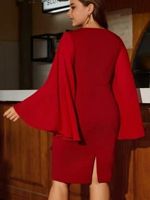 SHEIN Clasi Plus Cloak Sleeve Belted Dress - Burgundy - View 2
