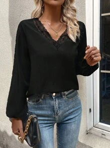 SHEIN Essnce Guipure Lace Insert Lantern Sleeve Blouse - Black - View 4