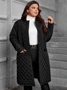 SHEIN LUNE Plus Size Long Padded Coat With Single-Breasted Design - Black - View 4