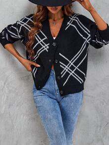 SHEIN LUNE 格紋圖案落肩袖開襟衫 - 黑色 - 查看 5