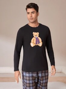 男士小熊印花家居服上裝 - 黑色 - 查看 1