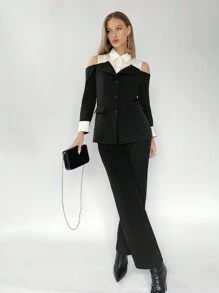 BizChic 女士色塊2合1西裝外套 - 黑與白 - 查看 4