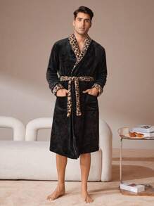 Bata De Baño Con Cinturón Para Hombre Con Estampado De Leopardo - Negro - Ver 3