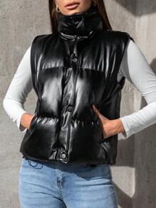 SHEIN Cottnline Zip Up Leather Look Vest Puffer Coat - Black - View 5