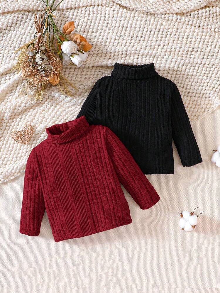 2pcs Baby Boy Solid Color Soft & Comfortable Knitted Casual Long Sleeve Base Layer Tops Set