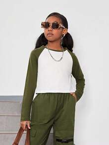 SHEIN Tween Girl Colorblock Raglan Sleeve Tee - Multicolor - View 3
