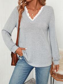 SHEIN LUNE 女用蕾絲拼接 T 卹 - 灰色 - 查看 3