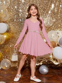 SHEIN Tween Girl Solid Color Long Sleeve Arc Hem Dress Without Belt, Suitable For Spring And Autumn - Baby Pink - View 5