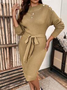 SHEIN Clasi Plus Drop Shoulder Button Detail Belted Sweater Dress - Khaki - View 6