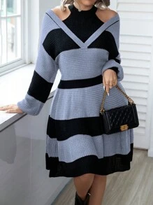 Calvaya Kích thước lớn Tương phản Thả vai Đầm Áo len - Nhiều màu - Xem 6