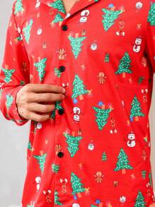 Men's Red Knitted Christmas Tree Print Pajama Set Lapel Button Front Regular Sleeve High Stretch Loungewear - Red - View 7