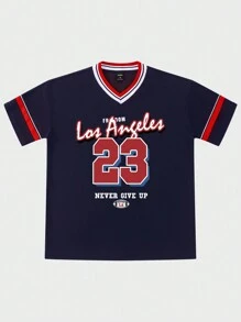 Manfinity Men Letter Graphic Striped Trim Drop Shoulder Tee - Multicolor - View 2