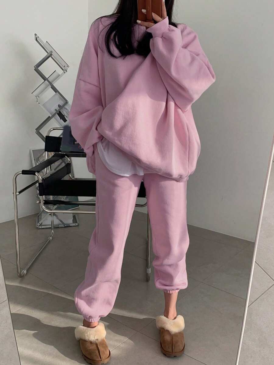 DAZY Women's Solid Color Drop Shoulder Hoodie And Pants Two Piece Set Lounge Sets For Women - Pink - View 1