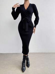 SHEIN Essnce Surplice Neck Belted Bodycon Sweater Dress - Black - View 6