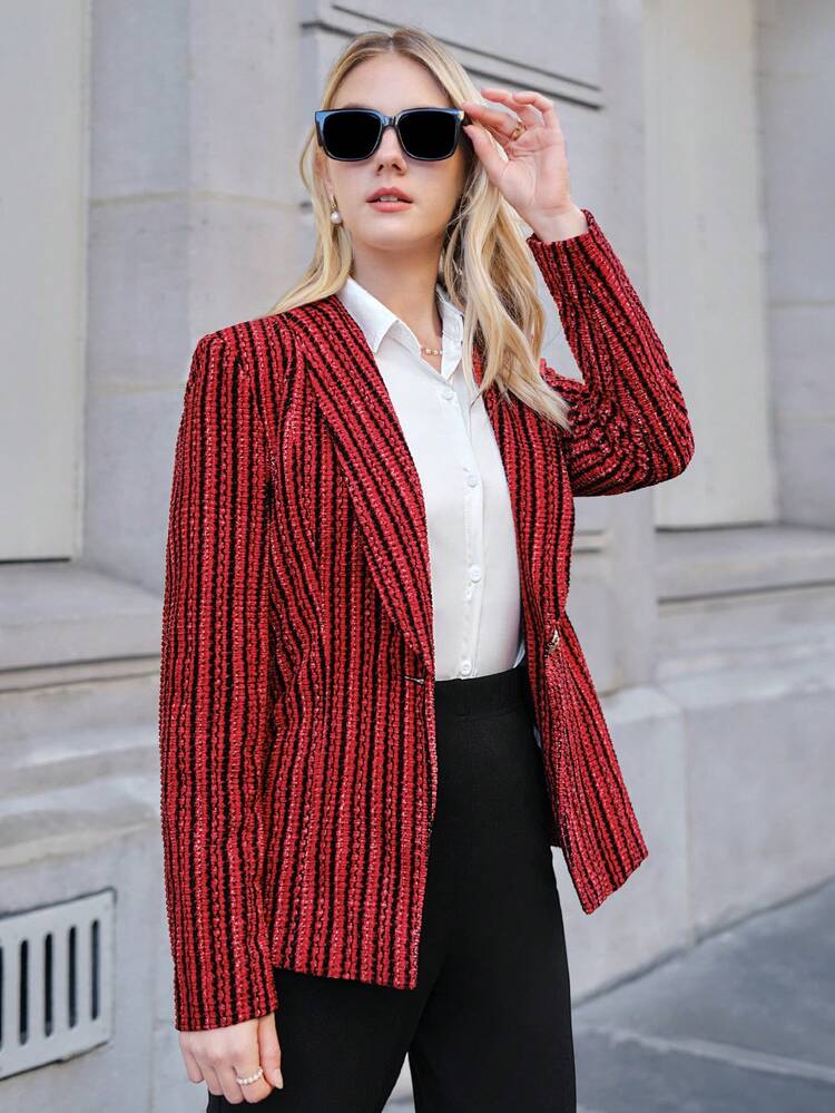 Striped Print Shawl Collar Single Button Blazer