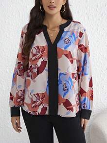 SHEIN Clasi 大碼印花缺口領拼接邊襯衫 - 淺粉色 - 查看 5