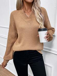 SHEIN LUNE Jersey unicolor de hombros caídos de cuello V - Caqui - Ver 5