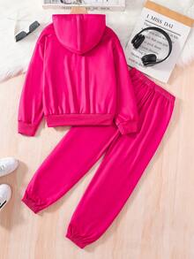 SHEIN Cô gái Tween Đồ họa Hình áo có mũ Áo khoác & Quần nỉ - Màu Hồng Tươi - Xem 2