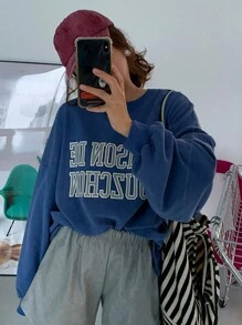 DAZY Letter Print Drop Shoulder Sweatshirt - Royal Blue - View 9