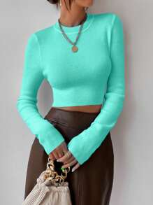 EMERY ROSE Solid Ribbed Knit Crop Sweater,Long Sleeve Tops Knit Pullover Fall Winter Outfit - Mint Green - View 5