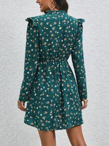 SHEIN LUNE 碎花繫帶領荷葉邊洋裝 - 墨綠色 - 查看 2