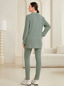 Mulvari 女士肋紋針織上衣和褲子套裝 - 綠色 - 查看 2