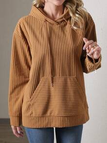 SHEIN Essnce 袋鼠口袋落肩袖抽繩連帽衫 - 棕色 - 查看 5