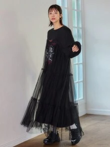 FRIFUL Cartoon Character Print Mesh Splicing Women's Dress,Ruffle,Fall Dress - Black - View 4