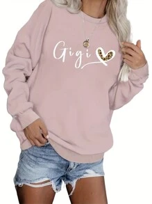 SHEIN EZwear Hơn Đồ họa Trái tim & Chữ cái Áo nỉ - Bụi tím - Xem 1