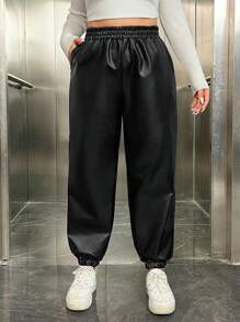 SHEIN EZwear Talla grande Pantalones de cintura elástica PU - Negro - Ver 3