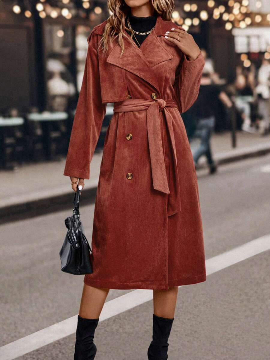SHEIN Clasi Double Breasted Belted Trench Coat Fall Cloth For Women - Redwood - View 1