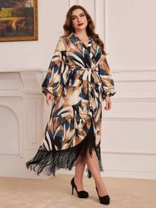 Mulvari Plus Size Printed V-neck Knotted Front Lantern Sleeve Dress With Tassel Hemline - Multicolor - View 5