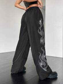 SHEIN Coolane 火焰圖案水鑽點綴長款長褲 - 黑色 - 查看 2