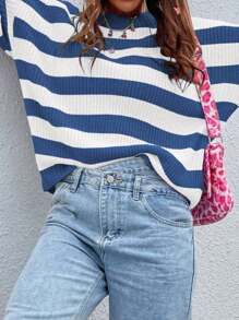 Calvaya Striped Pattern Drop Shoulder Sweater,Long Sleeve TopsKnit PulloverFall Winter Outfit