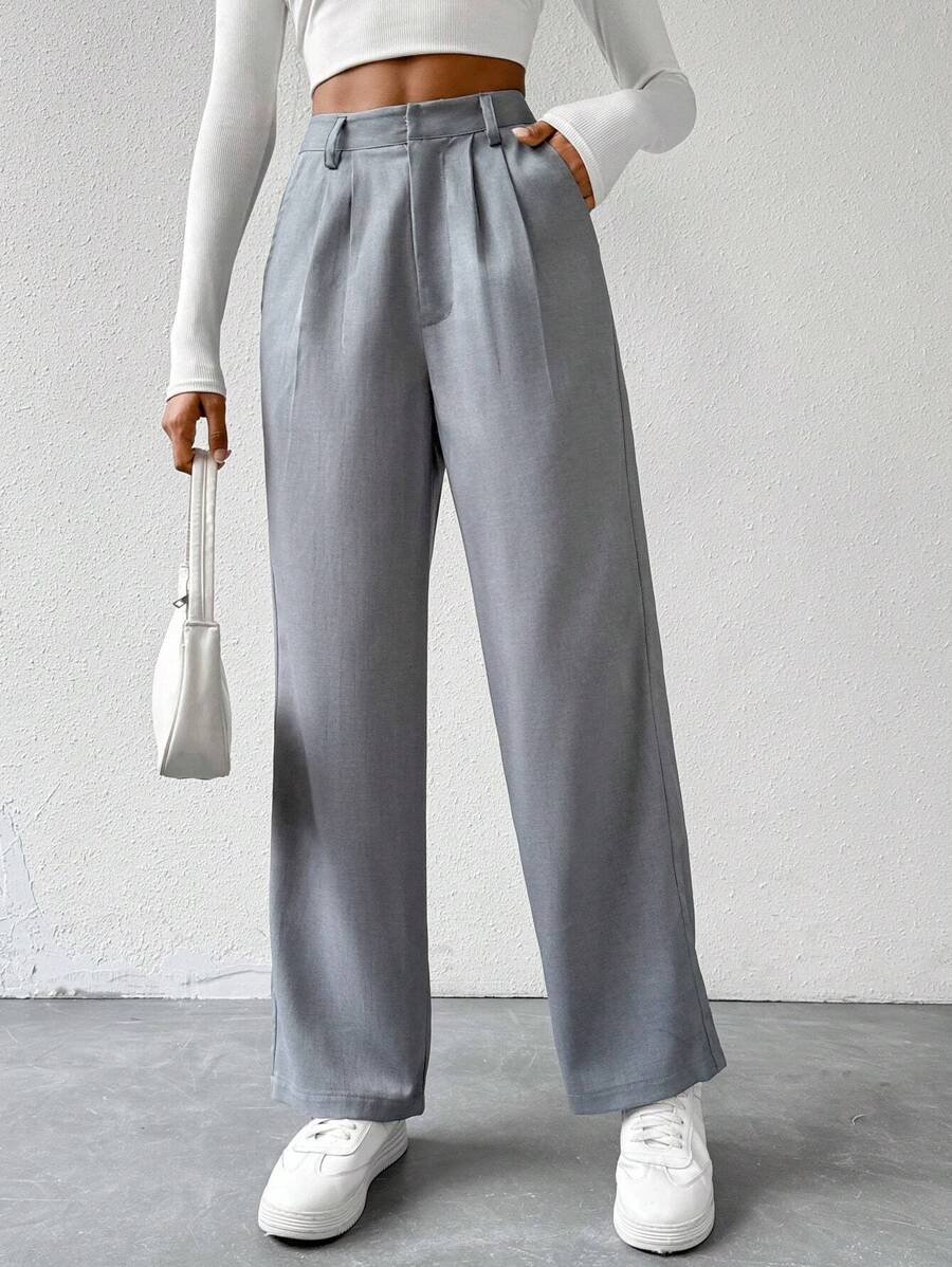 SHEIN Privé Cao eo Chi tiết nếp Quần tây - Xám - Xem 1