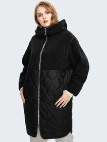 Astrid Plus Zip Up Contrast Teddy Hooded Quilted Coat - Black - View 4