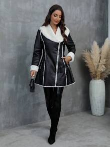 RELISH NOLESS Áo khoác da giả lông thú không đối xứng có khóa kéo dành cho nữ, Thu/Đông - màu đen - Xem 7